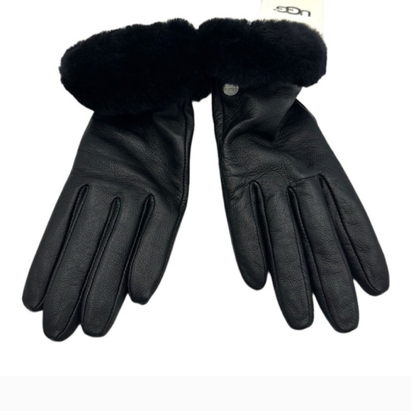 UGG Womens Shearling-Trim cuff Black leather Shorty Gloves Size Large - Picture 5 of 12